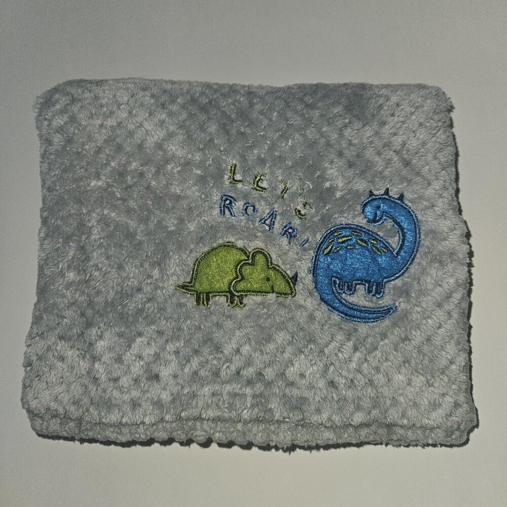 Zak & Zoey Let's Roar Dinosaur Baby Blanket RN 150856 Gray Fleece Waffle Weave